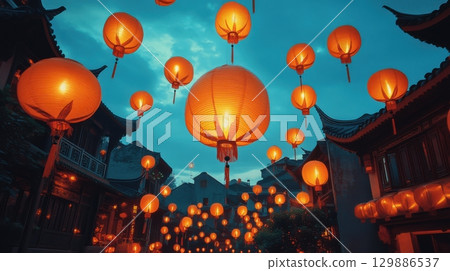 A large number of orange lanterns hanging from the ceiling, creating a warm 129886537