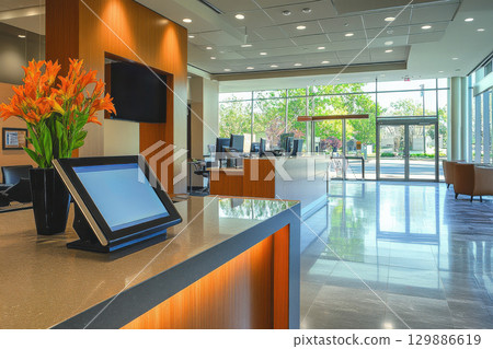 A reception area with a counter and a computer terminal 129886619