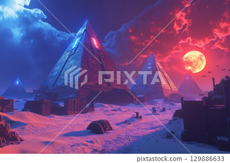 A desert scene with three pyramids and a moon 129886633