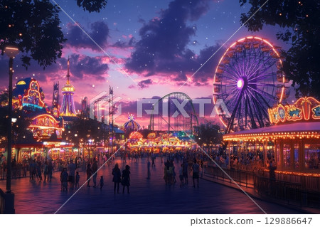 A carnival with a lot of people walking around 129886647