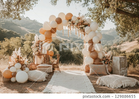 A wedding scene with a white archway made of balloons and flowers A wedding scene with a white archway made of balloons and flowers 129886655
