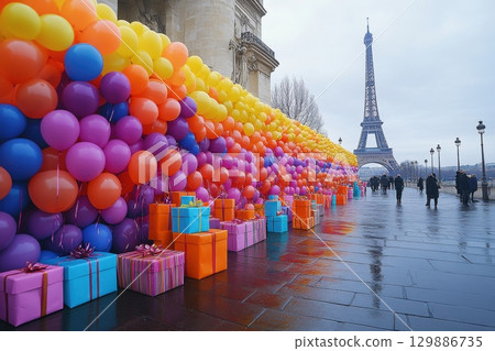A colorful display of balloons and boxes is set up in front of the Eiffel Tower 129886735