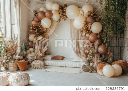 A room with a white curtain and a bed with pillows A room with a white curtain and a bed with pillows 129886791