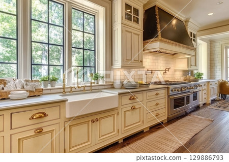 A kitchen with white cabinets and a black stove 129886793