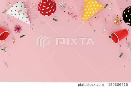 Title: Festive party decorations with hats and confetti on pink background, 3D render Title: Festive party decorations with hats and confetti on pink background, 3D render 129886816