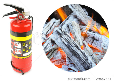Extinguisher and Burning Wood Collage.Fire Safety and Prevention Concept. Extinguisher and Burning Wood Collage.Fire Safety and Prevention Concept. 129887484