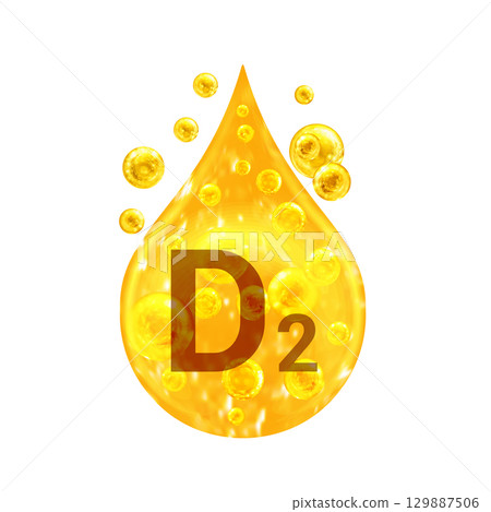 Vitamin D2. Images golden drop and balls with oxygen bubbles. Health concept. Isolated Vitamin D2. Images golden drop and balls with oxygen bubbles. Health concept. Isolated 129887506