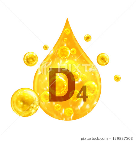 Vitamin D4. Images golden drop and balls with oxygen bubbles. Health concept. Isolated  129887508