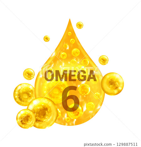 Vitamin OMEGA 6. Images golden drop and balls with oxygen bubbles. Health concept. Isolated Vitamin OMEGA 6. Images golden drop and balls with oxygen bubbles. Health concept. Isolated 129887511
