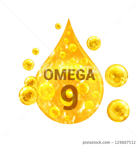 Vitamin OMEGA 9. Images golden drop and balls with oxygen bubbles. Health concept. Isolated Vitamin OMEGA 9. Images golden drop and balls with oxygen bubbles. Health concept. Isolated 129887512
