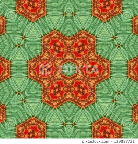 Traditional design with phulkari kalamkari motifs from Pakistan and Indian culture. Geometric ethnic floral pattern for carpet dupatta batik embroidery. Panjabi Digital print as boho Aztec texture art 129887721