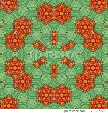 Traditional design with phulkari kalamkari motifs from Pakistan and Indian culture. Geometric ethnic floral pattern for carpet dupatta batik embroidery. Panjabi Digital print as boho Aztec texture art 129887723