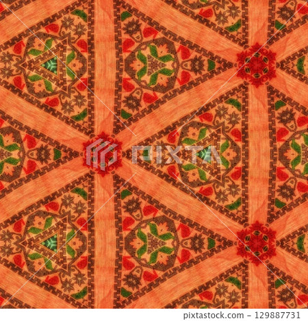 Traditional design with phulkari kalamkari motifs from Pakistan and Indian culture. Geometric ethnic floral pattern for carpet dupatta batik embroidery. Panjabi Digital print as boho Aztec texture art 129887731