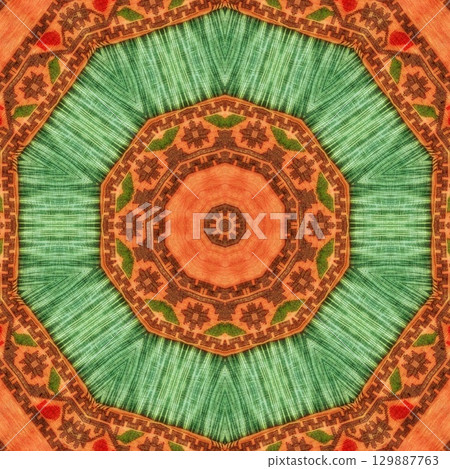 Traditional design with phulkari kalamkari motifs from Pakistan and Indian culture. Geometric ethnic floral pattern for carpet dupatta batik embroidery. Panjabi Digital print as boho Aztec texture art 129887763