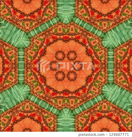 Traditional design with phulkari kalamkari motifs from Pakistan and Indian culture. Geometric ethnic floral pattern for carpet dupatta batik embroidery. Panjabi Digital print as boho Aztec texture art 129887771