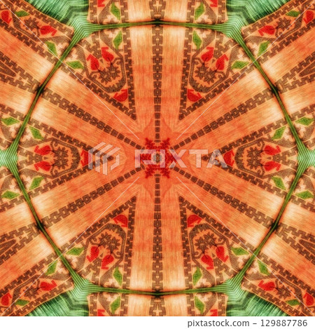 Traditional design with phulkari kalamkari motifs from Pakistan and Indian culture. Geometric ethnic floral pattern for carpet dupatta batik embroidery. Panjabi Digital print as boho Aztec texture art 129887786