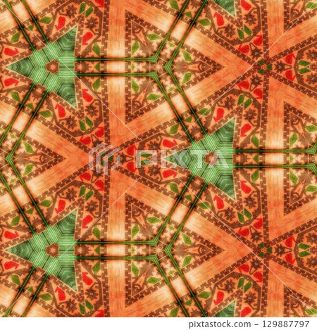 Traditional design with phulkari kalamkari motifs from Pakistan and Indian culture. Geometric ethnic floral pattern for carpet dupatta batik embroidery. Panjabi Digital print as boho Aztec texture art 129887797