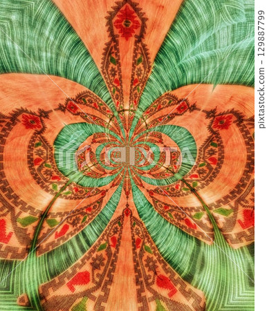 Traditional design with phulkari kalamkari motifs from Pakistan and Indian culture. Geometric ethnic floral pattern for carpet dupatta batik embroidery. Panjabi Digital print as boho Aztec texture art Traditional design with phulkari kalamkari motifs from Pakistan and Indian culture. Geometric ethnic floral pattern for carpet dupatta batik embroidery. Panjabi Digital print as boho Aztec texture art 129887799