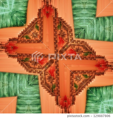 Traditional design with phulkari kalamkari motifs from Pakistan and Indian culture. Geometric ethnic floral pattern for carpet dupatta batik embroidery. Panjabi Digital print as boho Aztec texture art 129887806