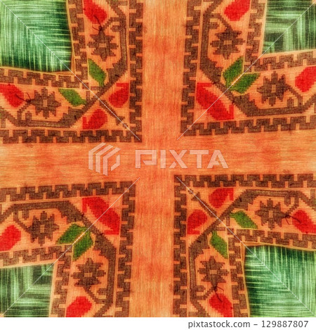 Traditional design with phulkari kalamkari motifs from Pakistan and Indian culture. Geometric ethnic floral pattern for carpet dupatta batik embroidery. Panjabi Digital print as boho Aztec texture art 129887807