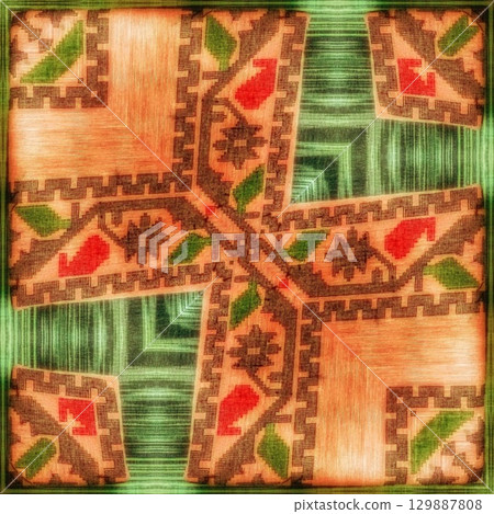 Traditional design with phulkari kalamkari motifs from Pakistan and Indian culture. Geometric ethnic floral pattern for carpet dupatta batik embroidery. Panjabi Digital print as boho Aztec texture art Traditional design with phulkari kalamkari motifs from Pakistan and Indian culture. Geometric ethnic floral pattern for carpet dupatta batik embroidery. Panjabi Digital print as boho Aztec texture art 129887808