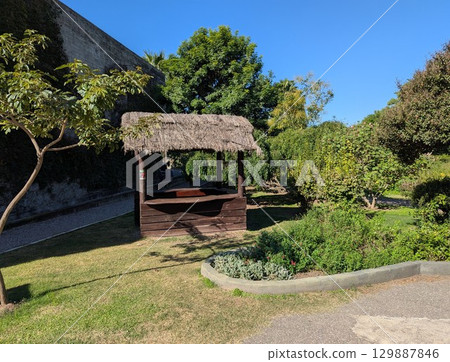 A straw-covered bird feeder in the shape of a house at the Botanical Garden in Cordoba, Argentina 129887846