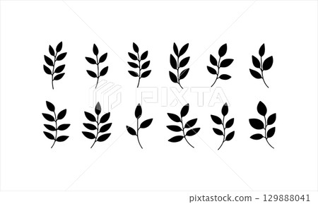Black leaf silhouettes arranged in a symmetrical pattern on a white background with minimalistic design elements 129888041