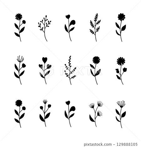 Whimsical Mini Flowers. A lively group of varied small flower icons with playful shapes and organic balance, ideal for fun and casual designs. 129888105