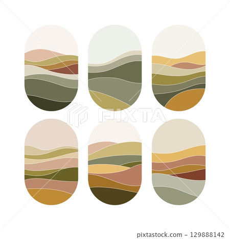 Colorful abstract landscape patterns showcasing earthy tones in a modern design arrangement with soft curves and shapes Colorful abstract landscape patterns showcasing earthy tones in a modern design arrangement with soft curves and shapes 129888142