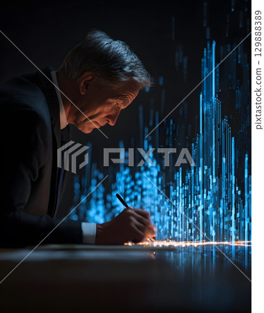 businessman in dark suit analyzing future financial roadmap 129888389