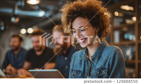 Team lead evaluating campaign metrics with digital tablet, relaxed but sharp style, Team lead evaluating campaign metrics with digital tablet, relaxed but sharp style, 129888550