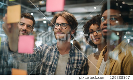 Tech startup founder sharing future goals with team, transparent glass backdrop, 129888567