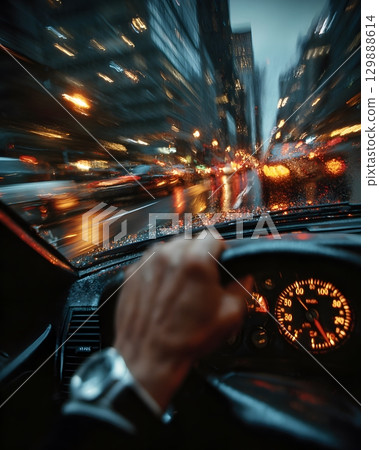Close up of driver hand on steering wheel as passenger enters 129888614