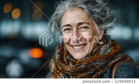 Elderly woman smiling after locating airport pickup driver 129888615