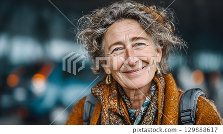 Elderly woman smiling after locating airport pickup driver 129888617
