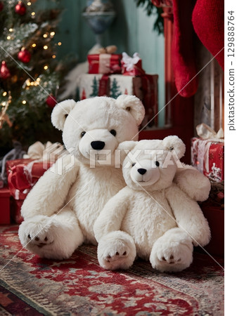 polar bear plush toys in festive Christmas setting 129888764