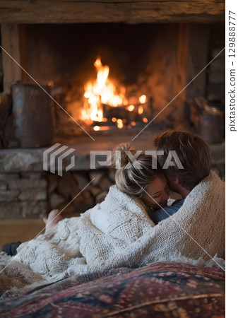 warm fireplace with couple cuddling under blanket 129888777