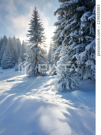 winter landscape with snow covered pine trees and soft sunlight 129888865