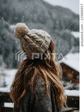 girl wearing knitted hat looking at snowy scenery 129888917