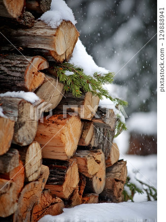 stack of firewood with snow and pine needles 129888941