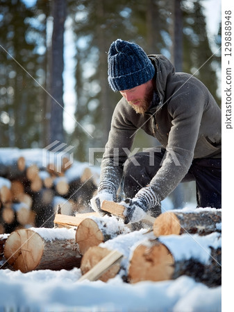 man chopping wood in winter forest 129888948