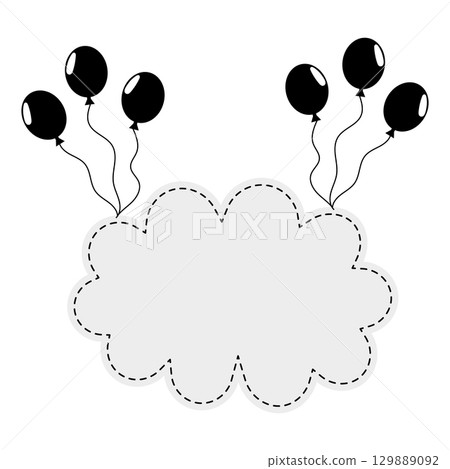 Cloud Frame with Balloons Vector Illustration. A decorative cloud shaped frame with dashed outline, accompanied by floating balloons on both sides. Cloud Frame with Balloons Vector Illustration. A decorative cloud shaped frame with dashed outline, accompanied by floating balloons on both sides. 129889092