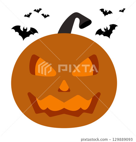 Scary Halloween Pumpkin with Bats Vector Illustration. A spooky carved Halloween pumpkin with glowing eyes and a jagged mouth, surrounded by flying bats. Scary Halloween Pumpkin with Bats Vector Illustration. A spooky carved Halloween pumpkin with glowing eyes and a jagged mouth, surrounded by flying bats. 129889093