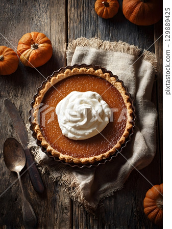 top view of pumpkin pie with whipped cream on rustic table top view of pumpkin pie with whipped cream on rustic table 129889425