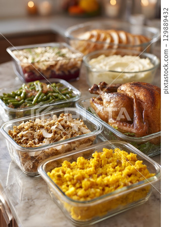 thanksgiving leftovers packed in containers on kitchen counter thanksgiving leftovers packed in containers on kitchen counter 129889432