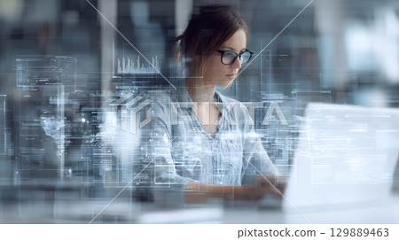 woman typing on laptop with futuristic data interface overlay modern digital business concept 129889463