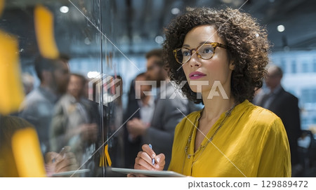 businesswoman writing digital notes on tablet during team meeting in glass office 129889472