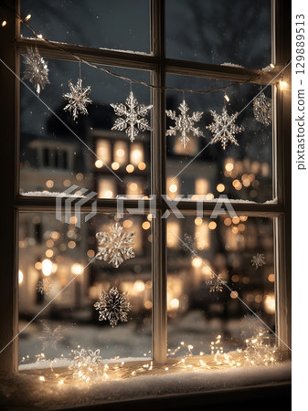 window view with snowflakes and Christmas lights inside 129889513