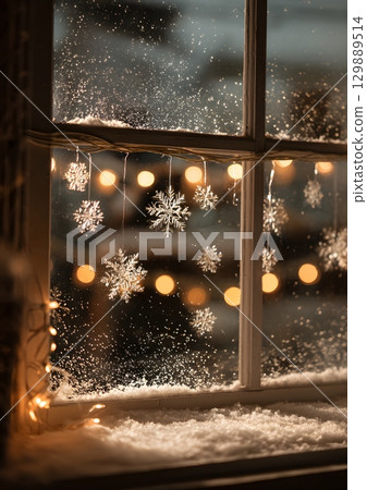 window view with snowflakes and Christmas lights inside 129889514