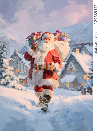 Santa Claus delivering gifts in snowy village 129889535
